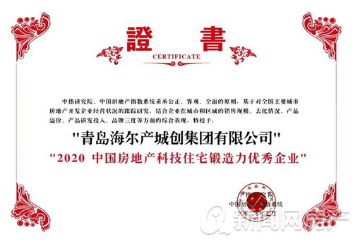 海尔产城创荣获 2020中国房地产产品力优秀企业